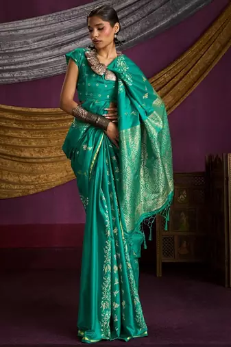 Pure satin weaving silk blend saree with rich pallu & matching blouse
