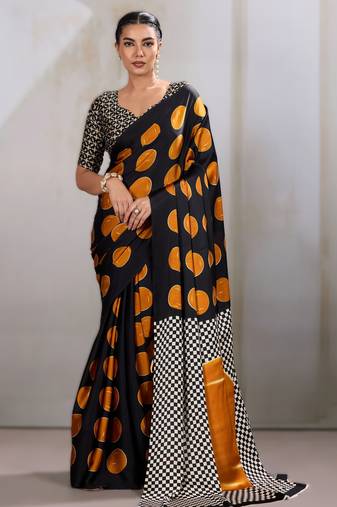 Printed ajrakh satin crepe saree – traditional art with a modern touch