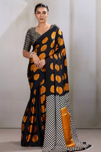 Printed ajrakh satin crepe saree – traditional art with a modern touch