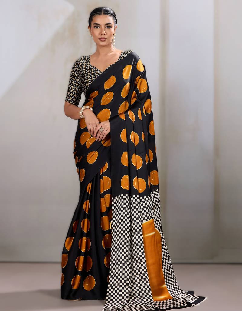 Printed ajrakh satin crepe saree – traditional art with a modern touch