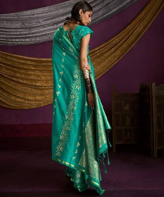 Pure satin weaving silk blend saree with rich pallu & matching blouse 4