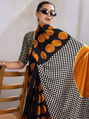 Printed ajrakh satin crepe saree  art with a modern touch 3