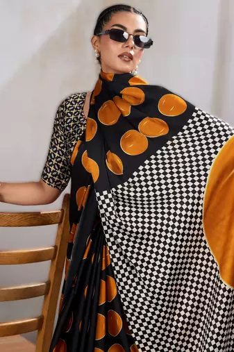 Printed ajrakh satin crepe saree  art with a modern touch