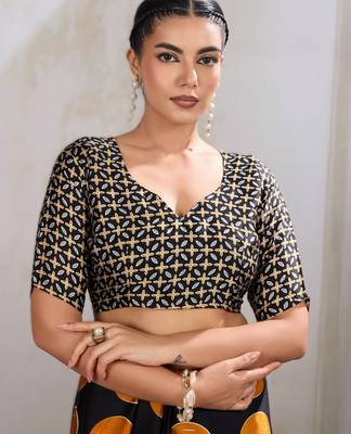 Printed ajrakh satin crepe saree  art with a modern touch 4