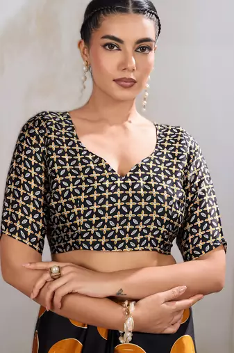 Printed ajrakh satin crepe saree  art with a modern touch