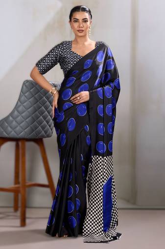 Printed ajrakh satin crepe saree – traditional art with a modern touch