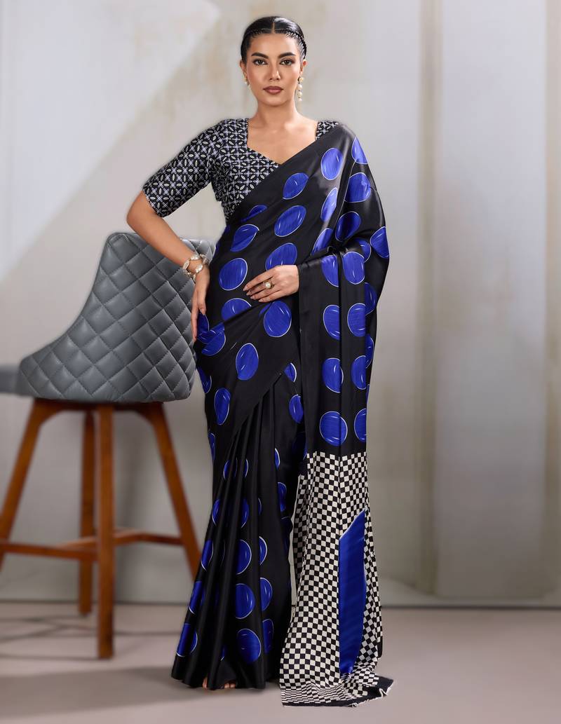 Printed ajrakh satin crepe saree – traditional art with a modern touch