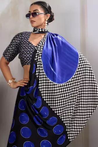 Printed ajrakh satin crepe saree  art with a modern touch
