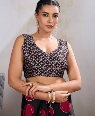 Printed ajrakh satin crepe saree  art with a modern touch 4