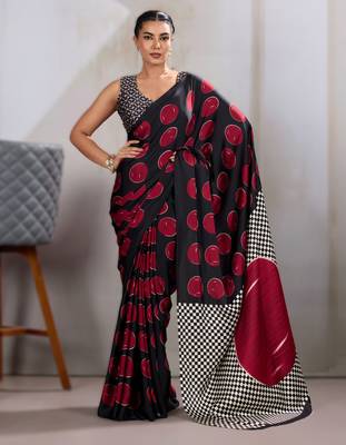 Printed ajrakh satin crepe saree  art with a modern touch 1