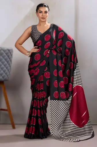 Printed ajrakh satin crepe saree – traditional art with a modern touch