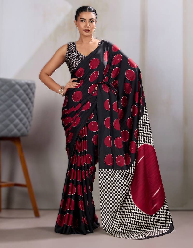 Printed ajrakh satin crepe saree – traditional art with a modern touch