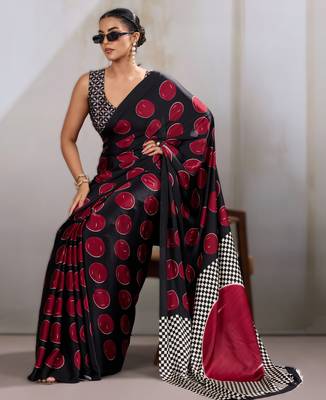 Printed ajrakh satin crepe saree  art with a modern touch 3