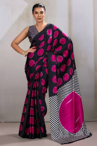 Printed ajrakh satin crepe saree – traditional art with a modern touch
