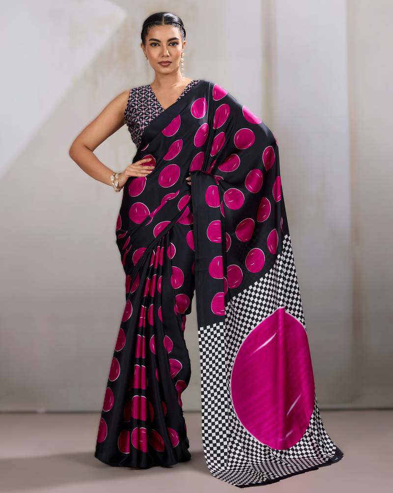 Printed ajrakh satin crepe saree – traditional art with a modern touch