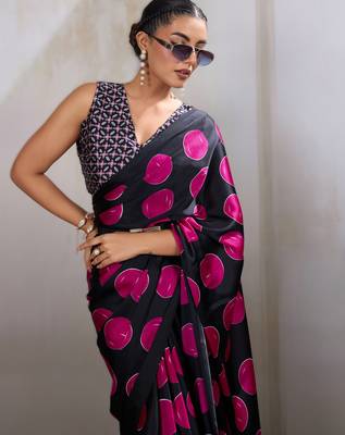 Printed ajrakh satin crepe saree  art with a modern touch 3
