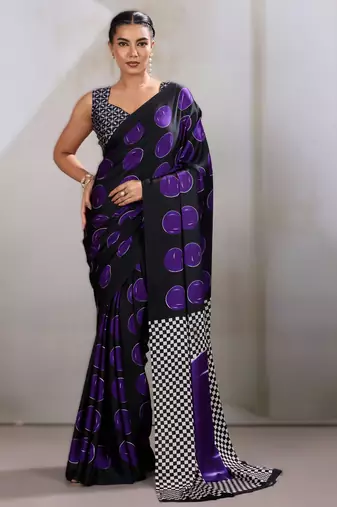 Printed ajrakh satin crepe saree – traditional art with a modern touch