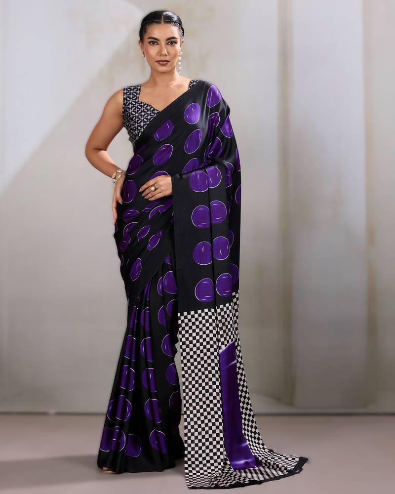 Printed ajrakh satin crepe saree – traditional art with a modern touch