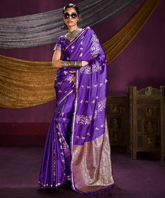 Pure satin weaving silk blend saree with rich pallu & matching blouse 1
