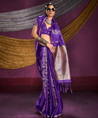Pure satin weaving silk blend saree with rich pallu & matching blouse 4