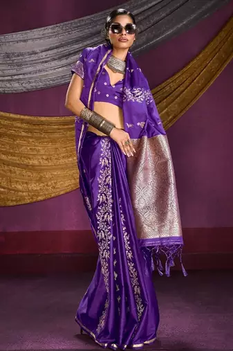 Pure satin weaving silk blend saree with rich pallu & matching blouse
