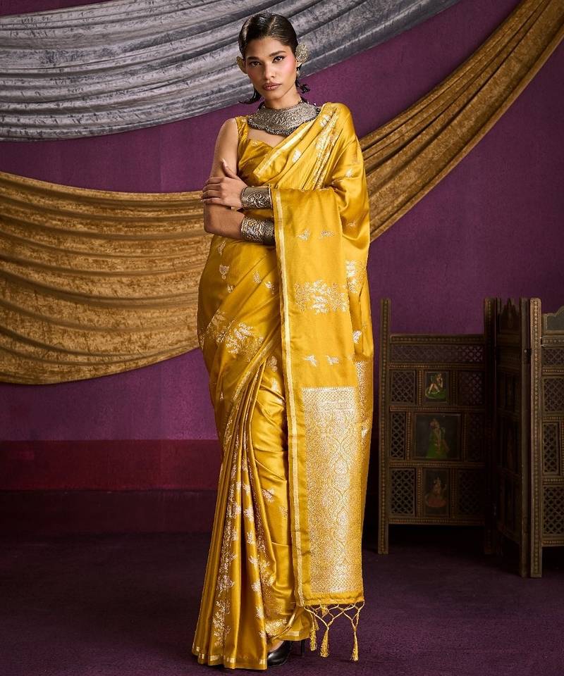 Pure satin handloom weaving silk saree with rich pallu & matching blouse