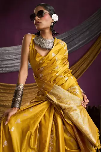 Pure satin weaving silk blend saree with rich pallu & matching blouse