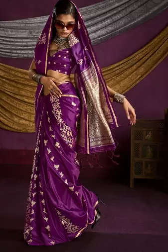 Pure satin weaving silk blend saree with rich pallu & matching blouse