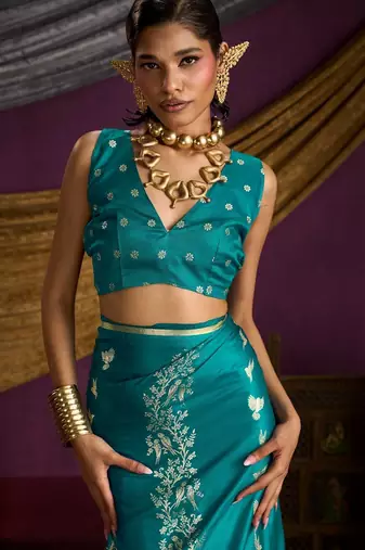 Pure satin weaving silk blend saree with rich pallu & matching blouse