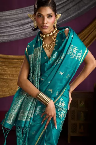 Pure satin weaving silk blend saree with rich pallu & matching blouse