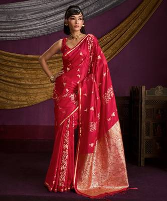 Pure satin weaving silk blend saree with rich pallu & matching blouse 1