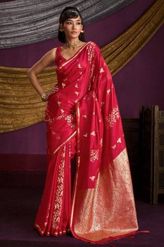 Pure satin handloom weaving silk saree with rich pallu & matching blouse