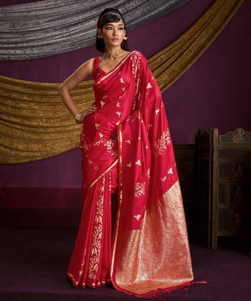 Pure satin handloom weaving silk saree with rich pallu & matching blouse