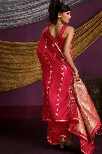 Pure satin weaving silk blend saree with rich pallu & matching blouse