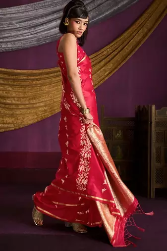 Pure satin weaving silk blend saree with rich pallu & matching blouse