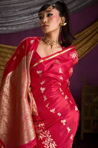 Pure satin weaving silk blend saree with rich pallu & matching blouse