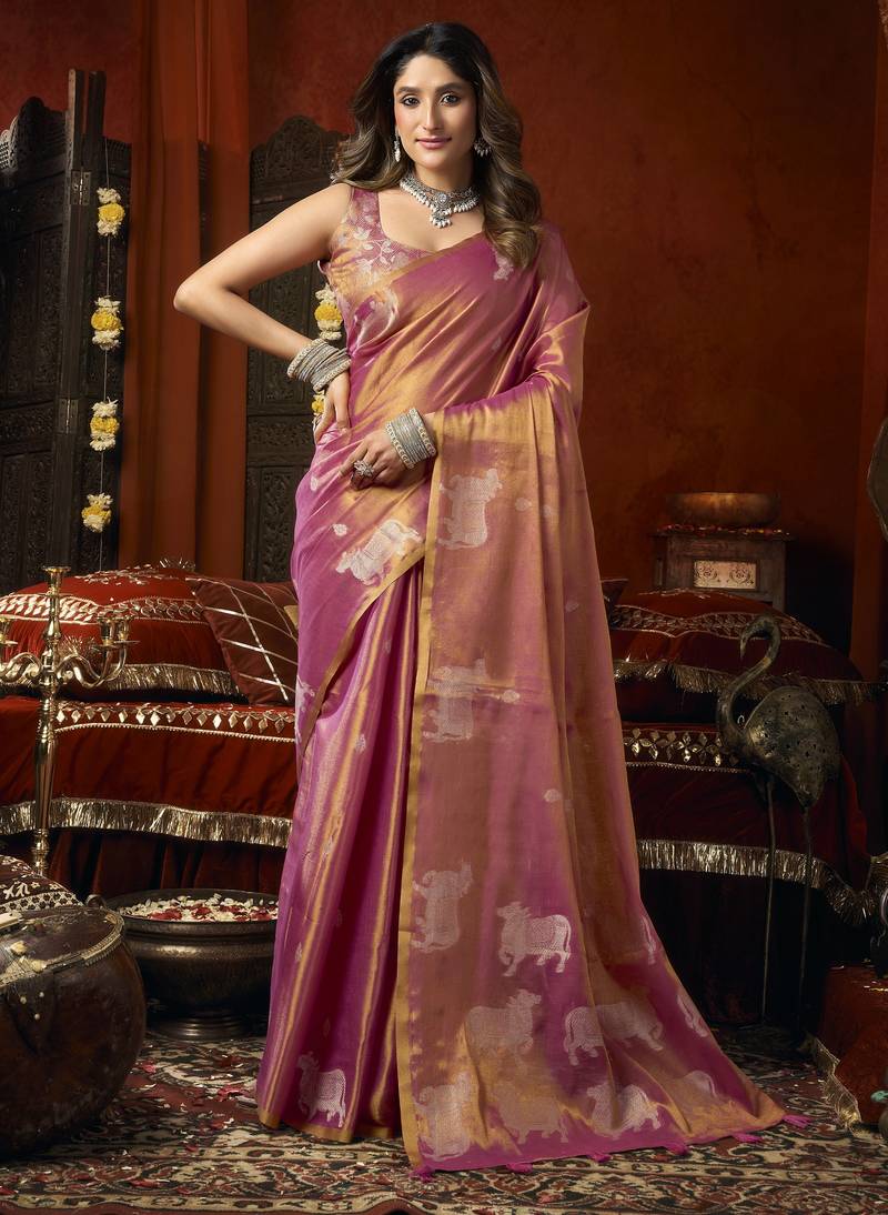 Heavy tissue saree with allover cow butta design & fancy tassels