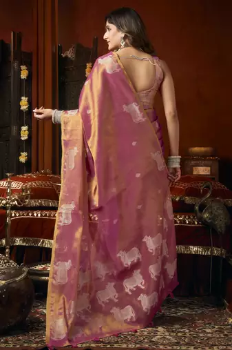  tissue saree with allover cow butta design & fancy tassels