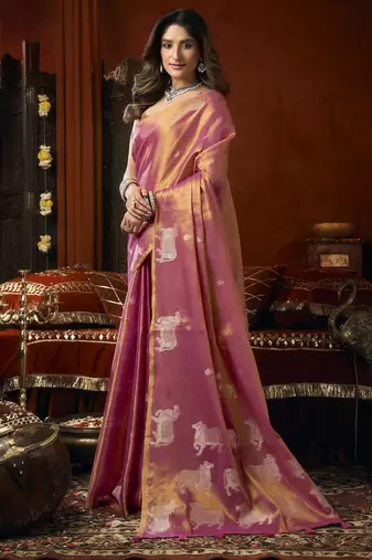  tissue saree with allover cow butta design & fancy tassels