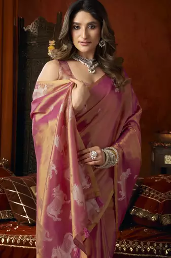  tissue saree with allover cow butta design & fancy tassels