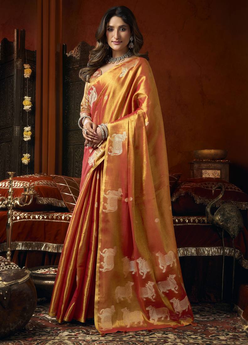 Heavy tissue saree with allover cow butta design & fancy tassels