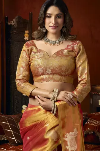  tissue saree with allover cow butta design & fancy tassels