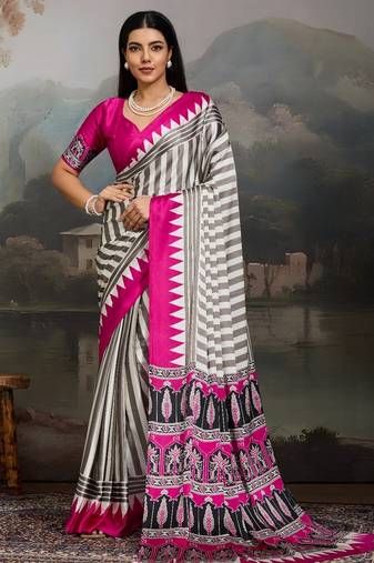 Printed ajrakh satin crepe saree – traditional art with a modern touch