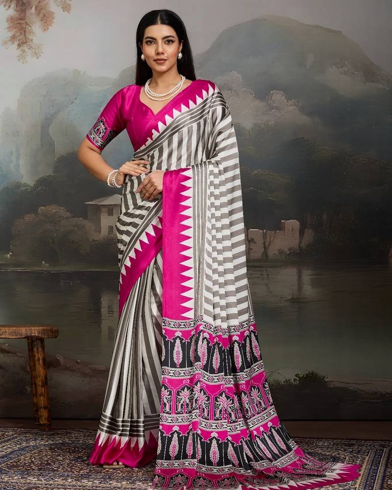 Printed ajrakh satin crepe saree – traditional art with a modern touch