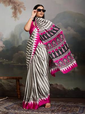 Printed ajrakh satin crepe saree  art with a modern touch 2