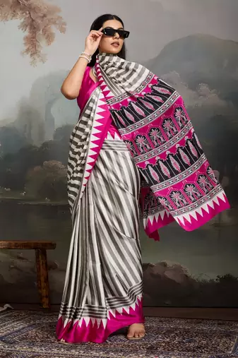 Printed ajrakh satin crepe saree  art with a modern touch