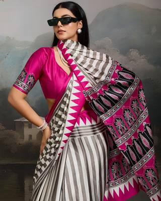 Printed ajrakh satin crepe saree  art with a modern touch 3