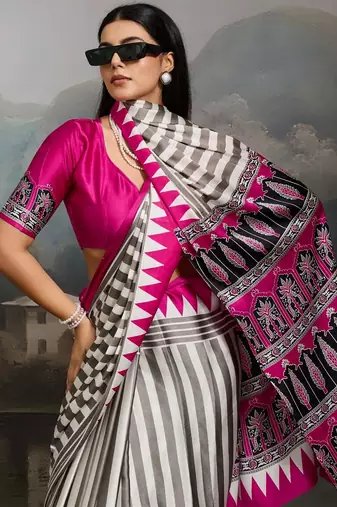 Printed ajrakh satin crepe saree  art with a modern touch