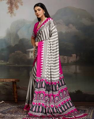 Printed ajrakh satin crepe saree  art with a modern touch 5