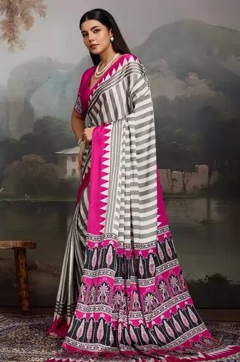 Printed ajrakh satin crepe saree  art with a modern touch